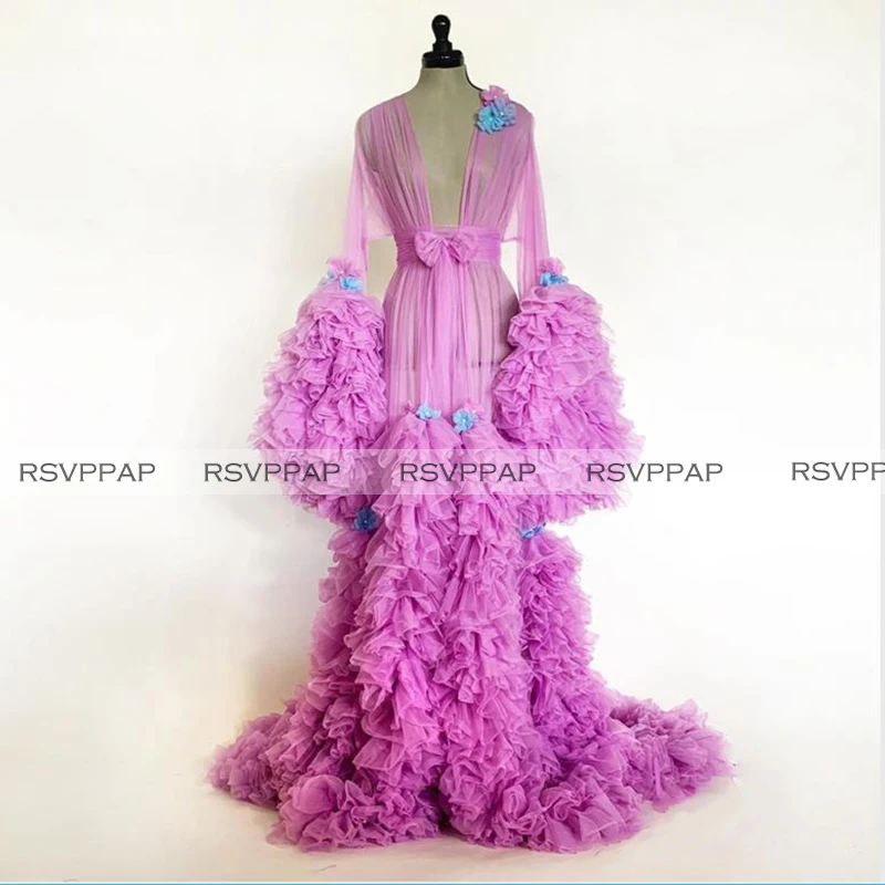 

Fuchsia Long Prom Dresses 2020 Sexy See Through Deep V-neck Top Ruffles Lovely Flower African Girl Long Sleeve Prom Gowns