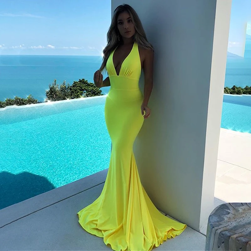 NATTEMAID, элегантное облегающее платье макси в стиле русалки, женское длинное платье с открытой спиной на бретельках, Сексуальные вечерние платья, летние платья Vestidos - Цвет: Цвет: желтый