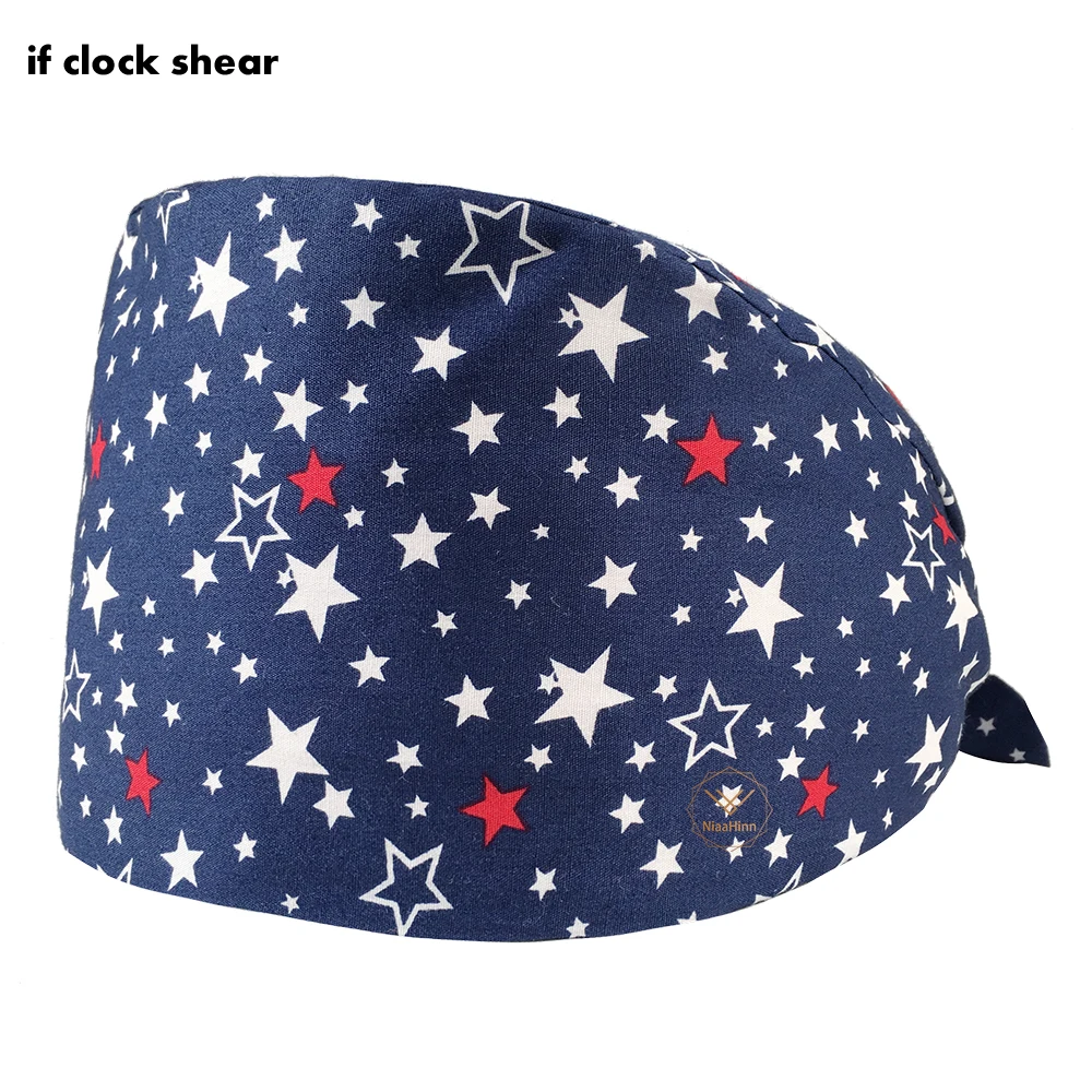 

Blue five-pointed star print Hat Cotton High Quality Adjustable Bandage Turban Unisex Lab Caps Fashion Beauty Salon Scrub Caps