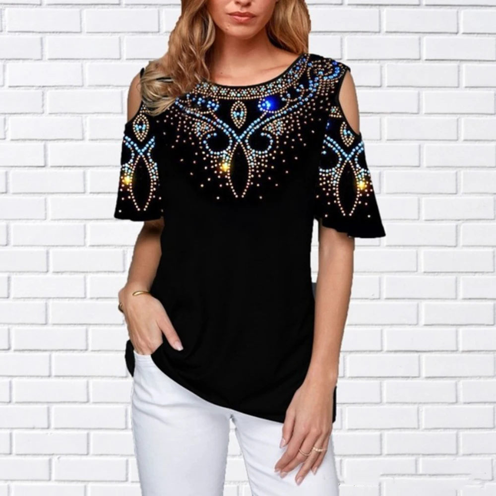 

Sexy Gold Shoulder Floral Print T-shirt Women 2020 Spring Summer Casual Plus Size O-neck Short Sleeve Loose Tops Tees Clothing