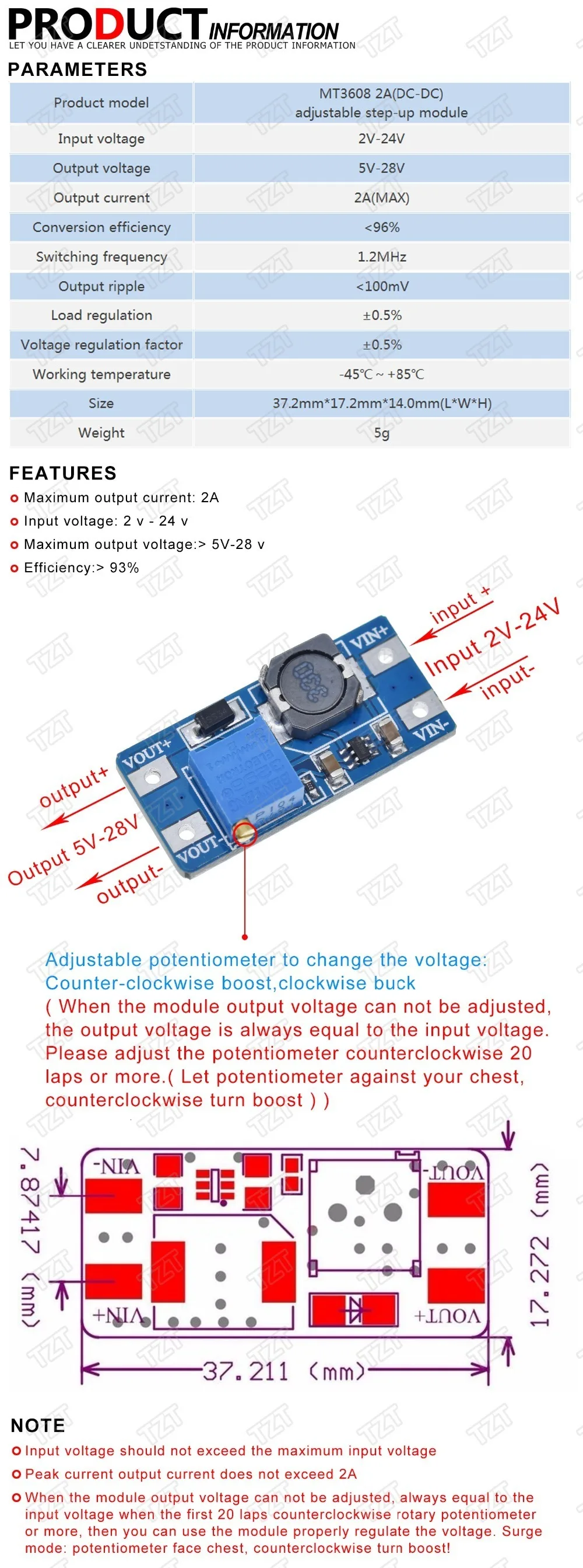 TZT MT3608 DC-DC повышающий усилитель конвертера модуль питания повышающий макс. выход 28 в 2A для arduino