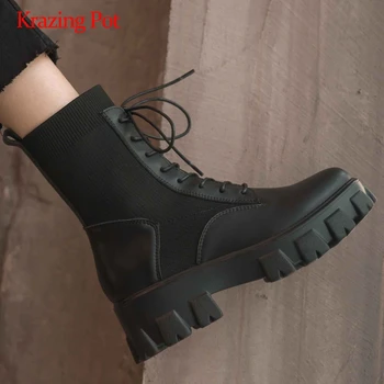 

Krazing pot big size motorcycle boots real leather platform round toe thick high heel lace up handsome maiden mid-calf boots L22