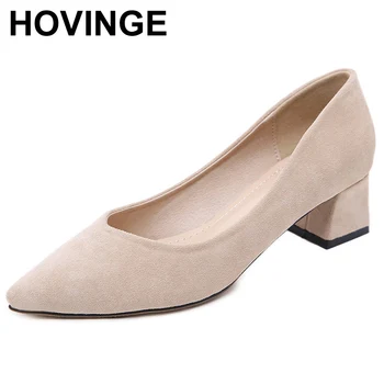 

HOVINGE New Spring Med Square Heels Women Shallow Pumps Platform Slip On Pointed Toe Solid Ladies Office Shoes