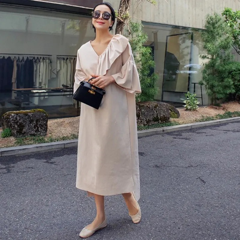 Beige Модное однотонное плиссированное платье с рукавами-раструбами, платье с неровным разрезом, платье, простое модное свободное платье для женщин, осенняя Новинка TC1115 - Цвет: Beige