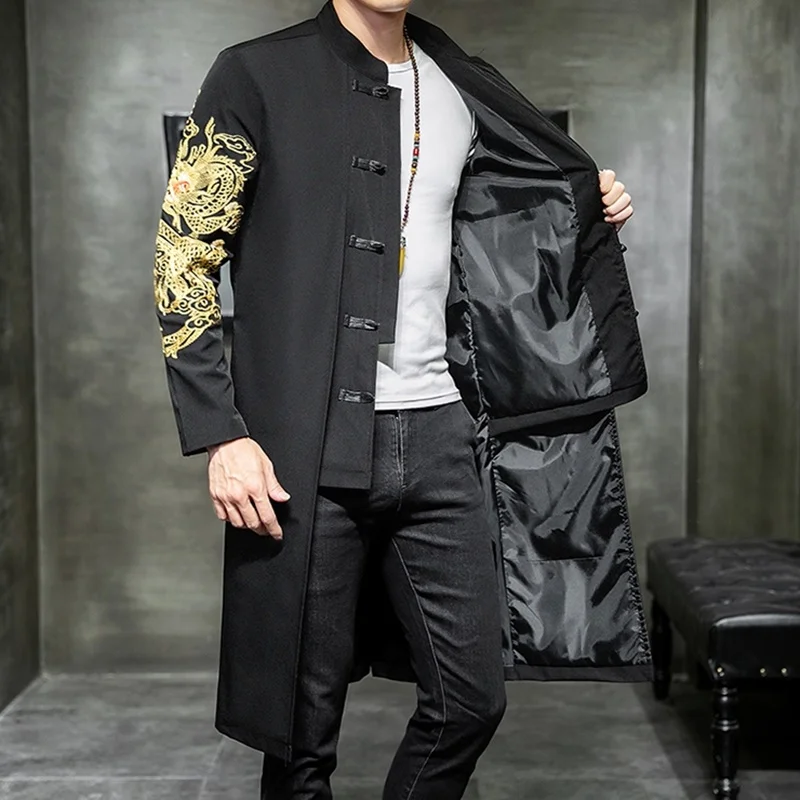 Chinese Style Long Windbreaker Jacket Men Streetwear Oriental Clothes Men Hip Hop Chinese Mandarin Jacket Coat KK3150