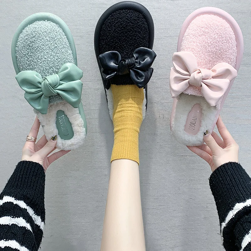 

Closed-toe Bow Plush Slipper Women's Winter Outer Wear plus Velvet INS chao wang Red Lambs Wool Lazy Muller Semi-Slipper