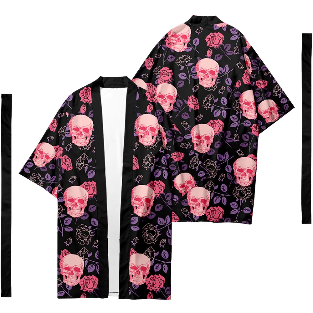 

Skull Floral Printed Long Kimono Cardigan With Belt Japanese Traditional Couple Women Men Casual Asian Clothes Harajuku