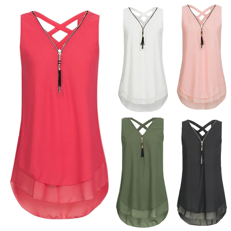 

Women summer Loose Sleeveless Tank Top Cross Back Hem Layed Zipper V-Neck T Shirts cool Double chiffon Tops