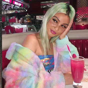 

Fitshinling Lambswool Winter Women's Sweatshirts Hairy Rainbow Tie Dye Moletom Poleron Mujer Zip-Up Warm Fuzzy Sweatshirt Female