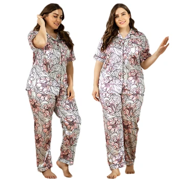 

Pajamas 2020 Spring Summer Women's Faux Silk Satin Short Sleeve Pajamas Set Loose Flower Print Sleepwear Set Long Pants Casual