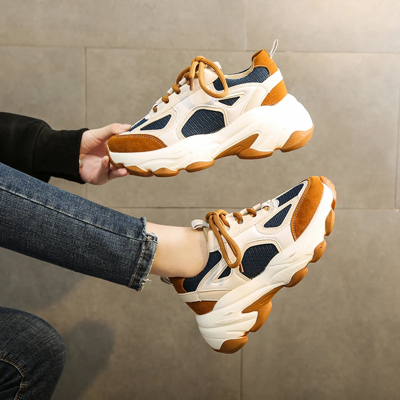 Женские ChunkySneakers платформе INS Ulzzang разные Цвета на шнуровке папа обувь Женский