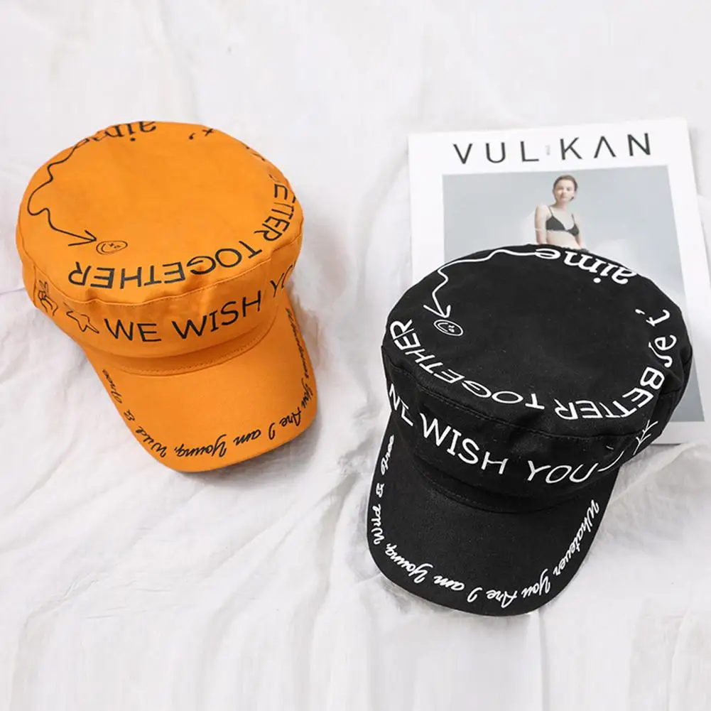 

Studyset Women hat Octagonal Letters Printed Plain Weave Beret Flat-Topped Hat Cap wide eaves flat eaves