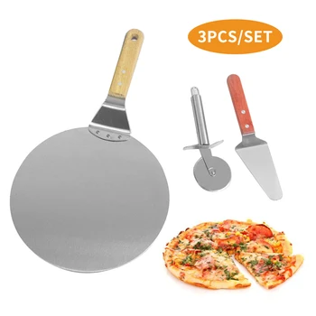 

3pcs Transfer Shovel Easy Clean Wheel Cutter Wood Handle Pizza Tool Set Cake Baking With Hole DIY Non Toxic Stainless Steel