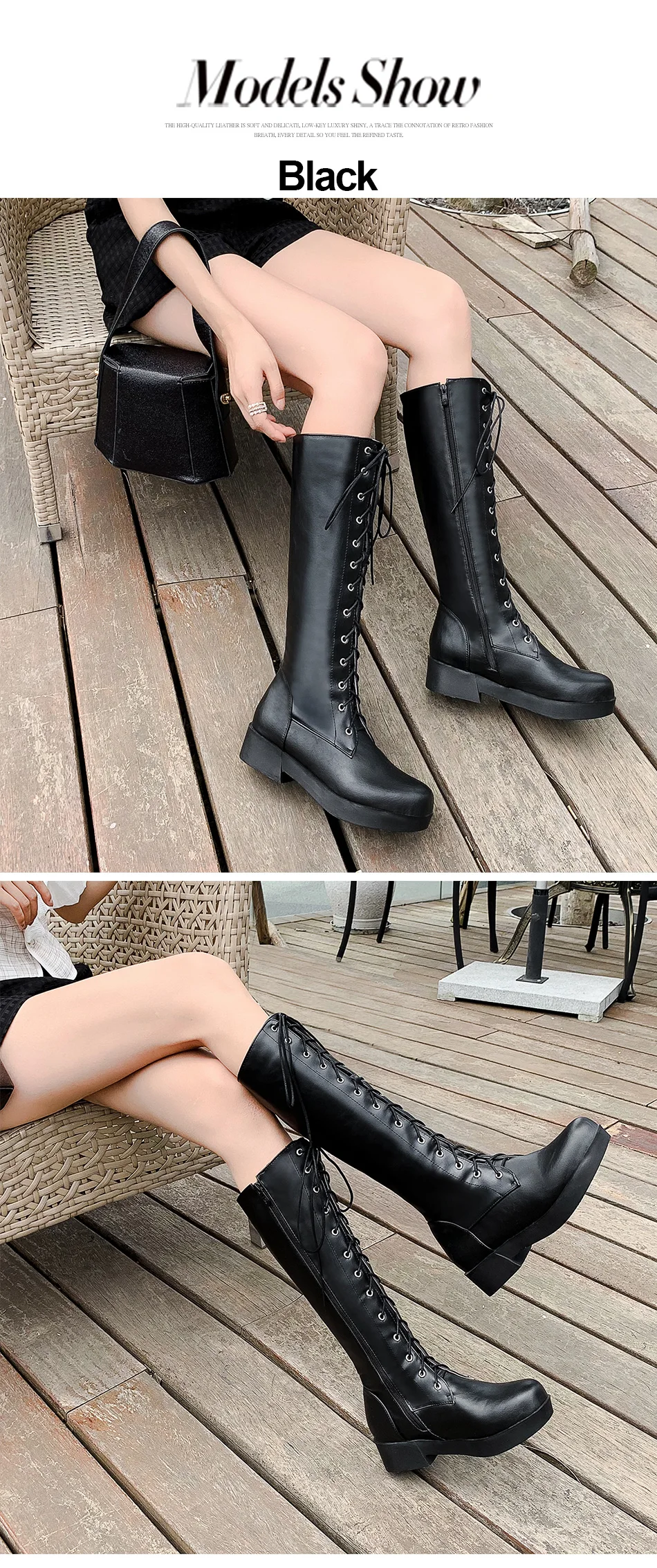 Gdgydh-осенние высокие сапоги на шнуровке женские черные кожаные высокие сапоги г. Модные высокие сапоги на не сужающемся книзу массивном каблуке с молнией, большой размер 43