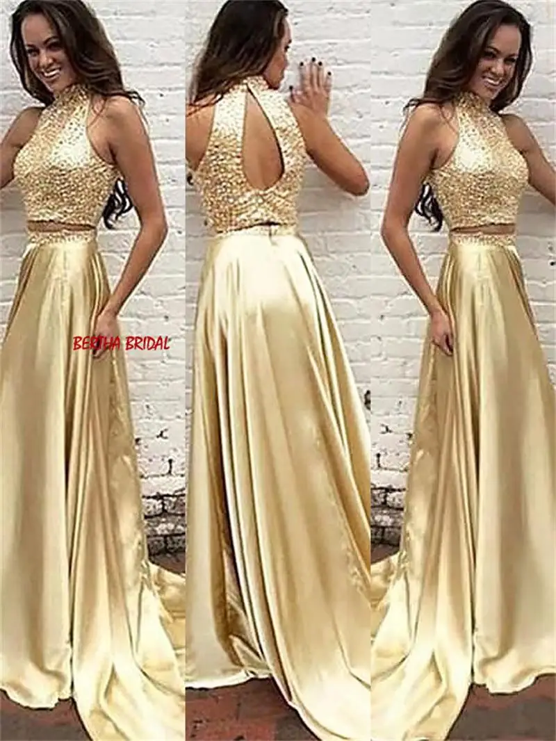 Золотой Vestido de festa, Золотое сатиновое платье с бисером, ТРАПЕЦИЕВИДНОЕ платье для выпускного вечера,, с высоким воротом, без рукавов, торжественное платье, женские элегантные вечерние платья - Цвет: Золотой