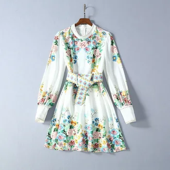 

Beautiful 2020 Spring Style Women Stand Neck Golden Beading Deco Charming Flower Print Long Sleeve Large Swing Dress Chic
