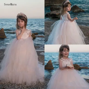 

Light Pink Tulle 3D Flowers O Neck Girls Birthday Dress Pageant Gown Flower Girl Dress for Wedding Custom Made