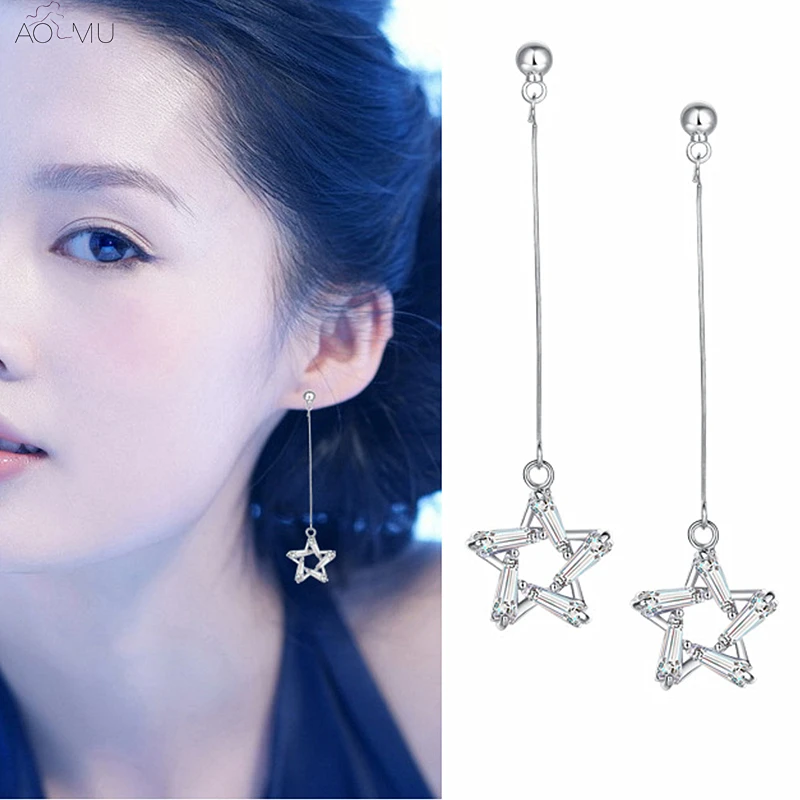 

AOMU Sweet Shiny Crystal Pentagram Star Long Chain Dangle Drop Earrings for Women Girl Gift Jewelry Bijoux Accessories Wedding