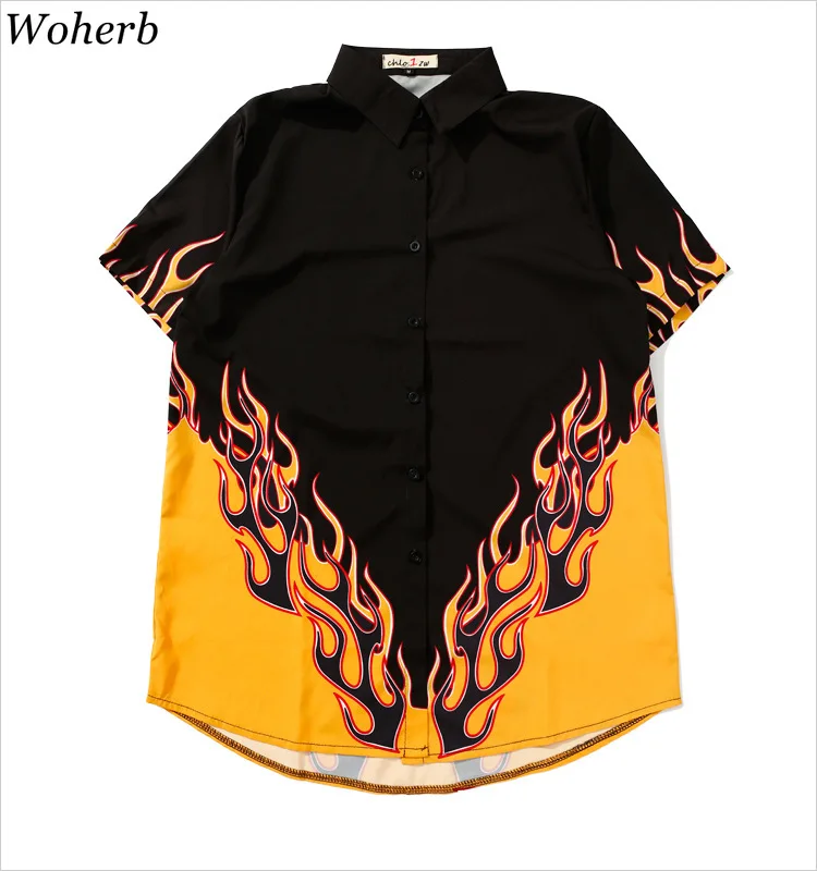 

Woherb Chic Girls Harajuku 3D Flame Printed Shirts Lapel Loose Blouses Short-sleeved Cardigan Single-breasted Tops Streetwear