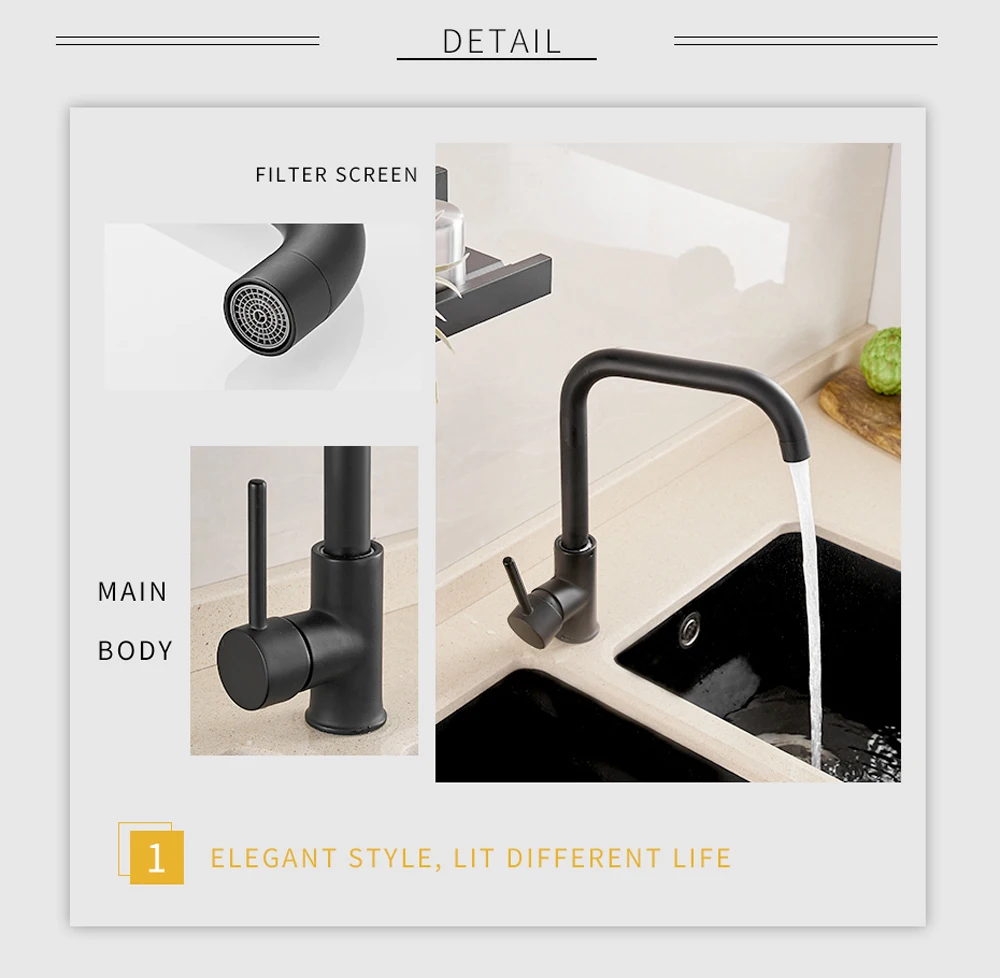 RUYAGE Kitchen Faucet 360 Rotate Black Mixer Faucet for Kitchen Rubber Design Hot and Cold Deck Mounted Crane for Sinks RY05