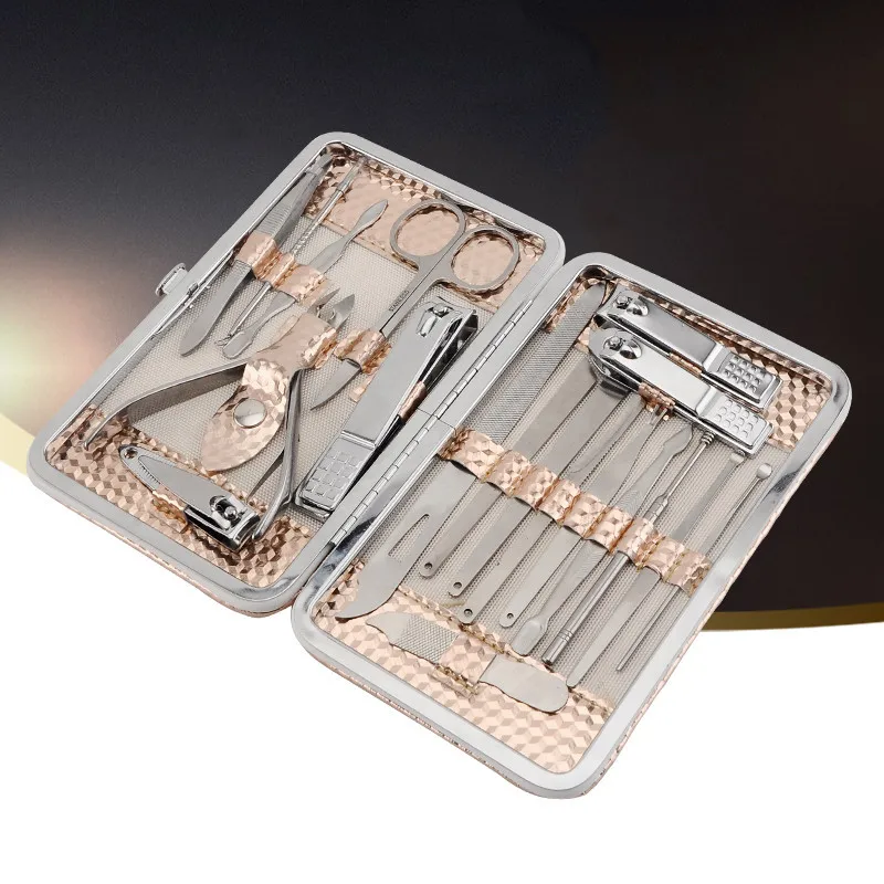 

Manufacturers Direct Selling Stainless Steel Luxury Gold Color 19 Pieces Manicure Implement Nail Clippers Nail Scissors Knife Se