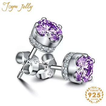 

JoyceJelly Women Stud Earrings 925 Sterling Silver Jewelry for Wedding Party Gifts Purple White Gemstone 5 Claws Round Design