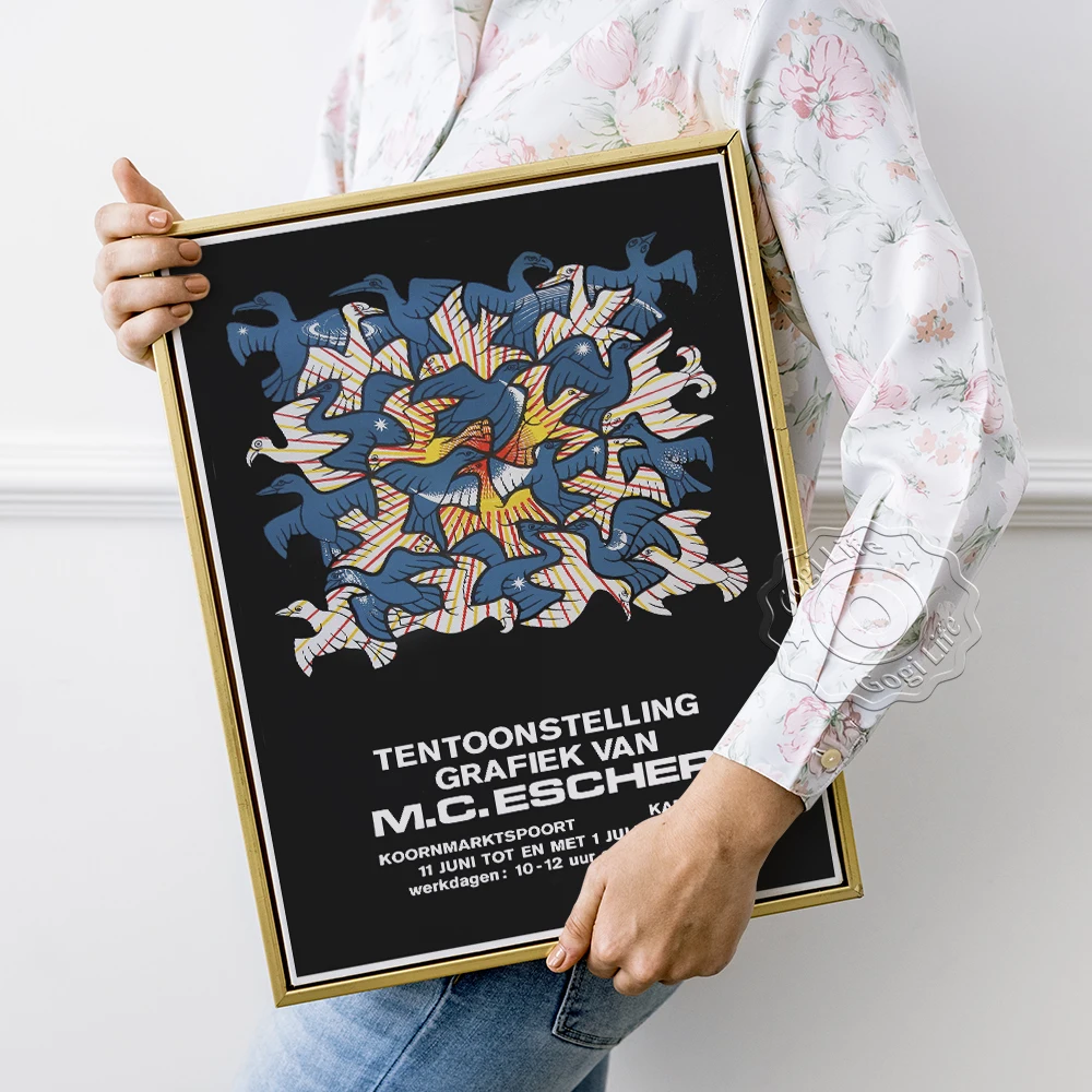 Maits Cornelis Escher Exhibition Museum Poster, Sun And Moon Optical Art Prints, Simmetria Birds Geometry Patterns Wall Decor