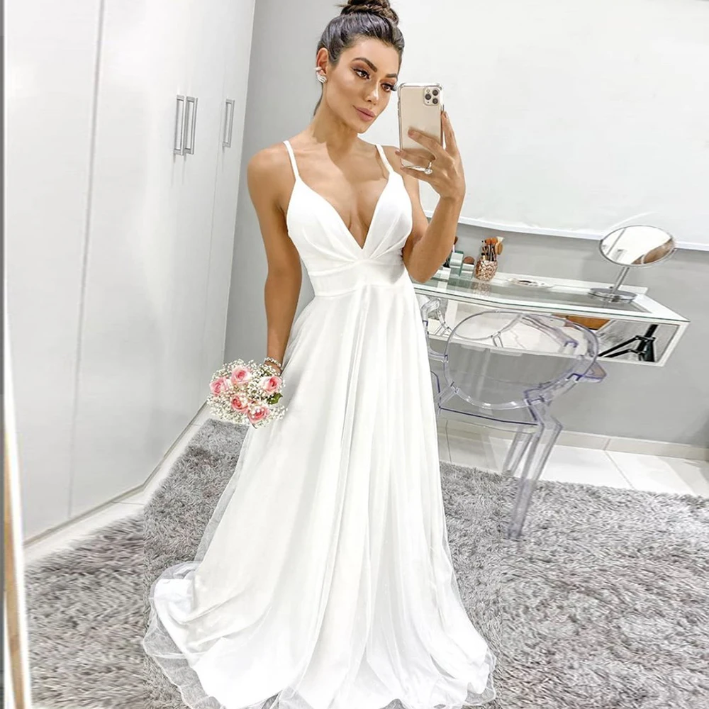 

Sexy V-neck Wedding Dress 2020 Bohemian Spaghetti Straps Sweeo Train A-line Bridal Gowns with Pleats