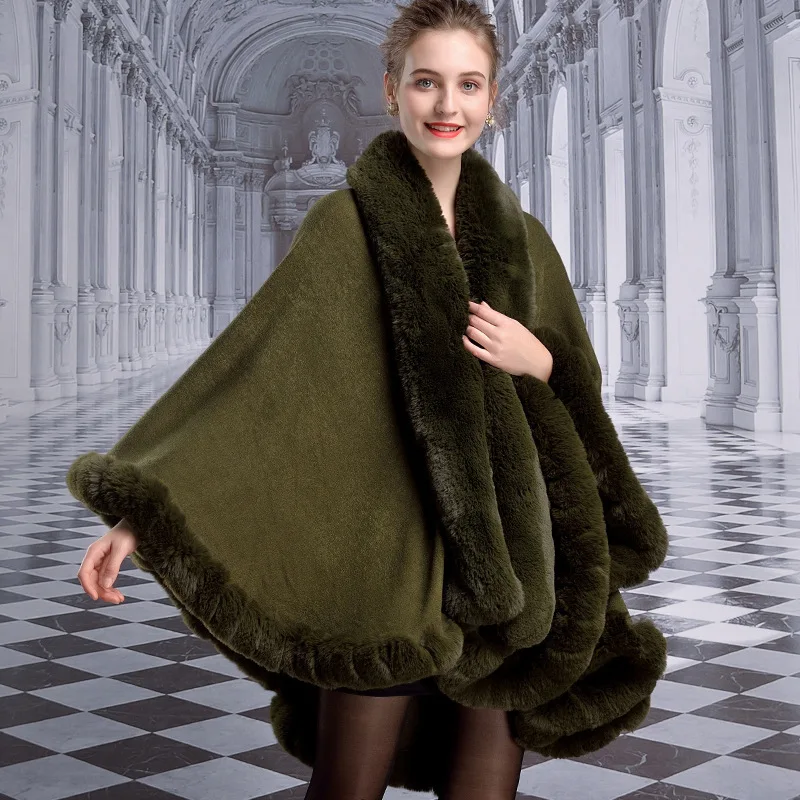 Women Winter Thicken Shawl Faux Rabbit Fur Big Long Collar Loose Poncho Big Pendulum Capes Plus Size Cloak Black Coat