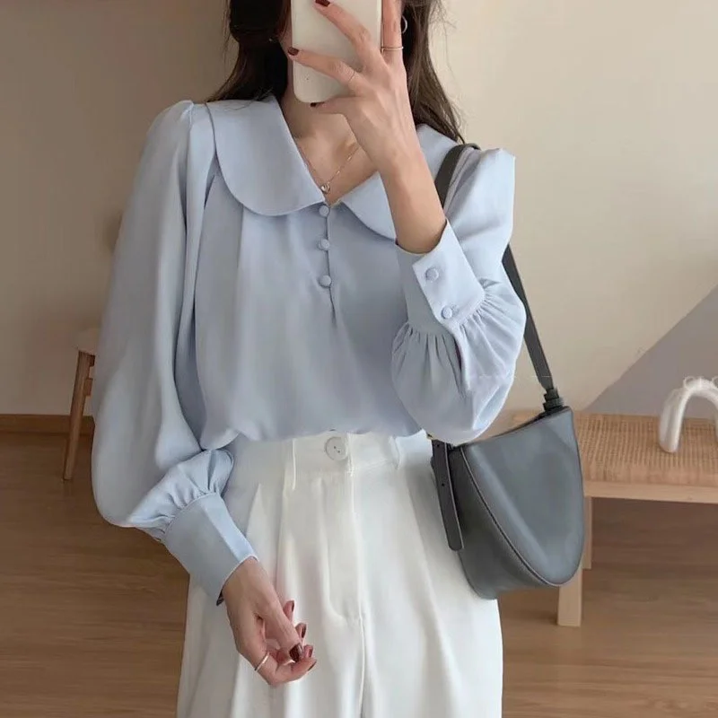 

2021 Autumn New Peter Pan Collar Chiffon Top Women Long Puff Sleeve Solid Color Pullovers Female Fashion U365