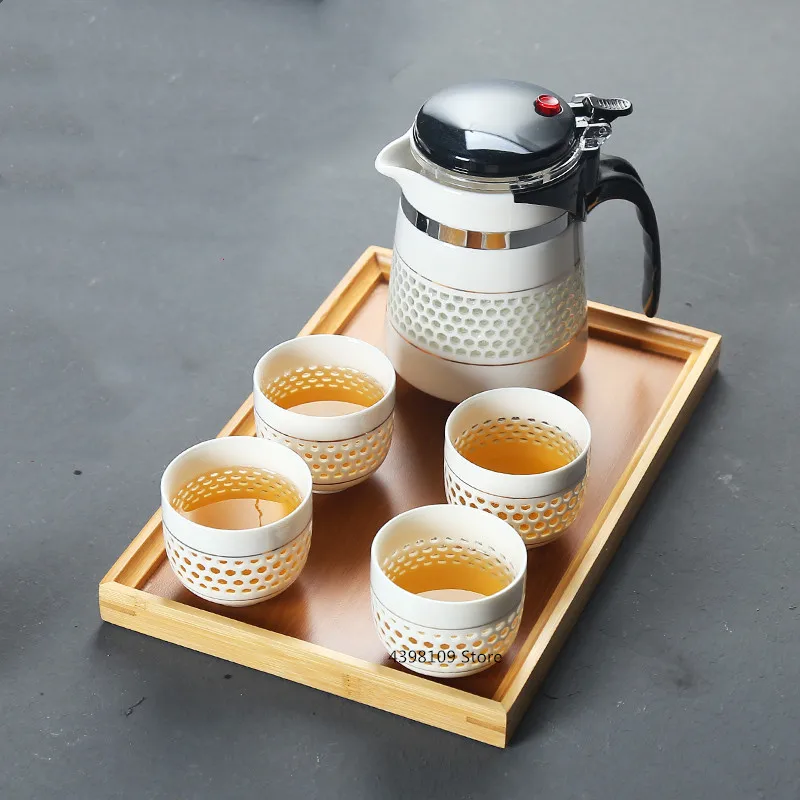 Керамический фильтр, чайник, чайный набор, 1 горшок, 4 чашки, красивые полые голубые и белые фарфоровые чашки, китайский чай, церемония, этикет - Цвет: C