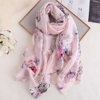 

2019 Spain Luxury Brand Pink Floral Silk Scarf Lady Print Soft Shawls and Wraps Pashmina Foulards Bandana Hijab Snood 180*90Cm