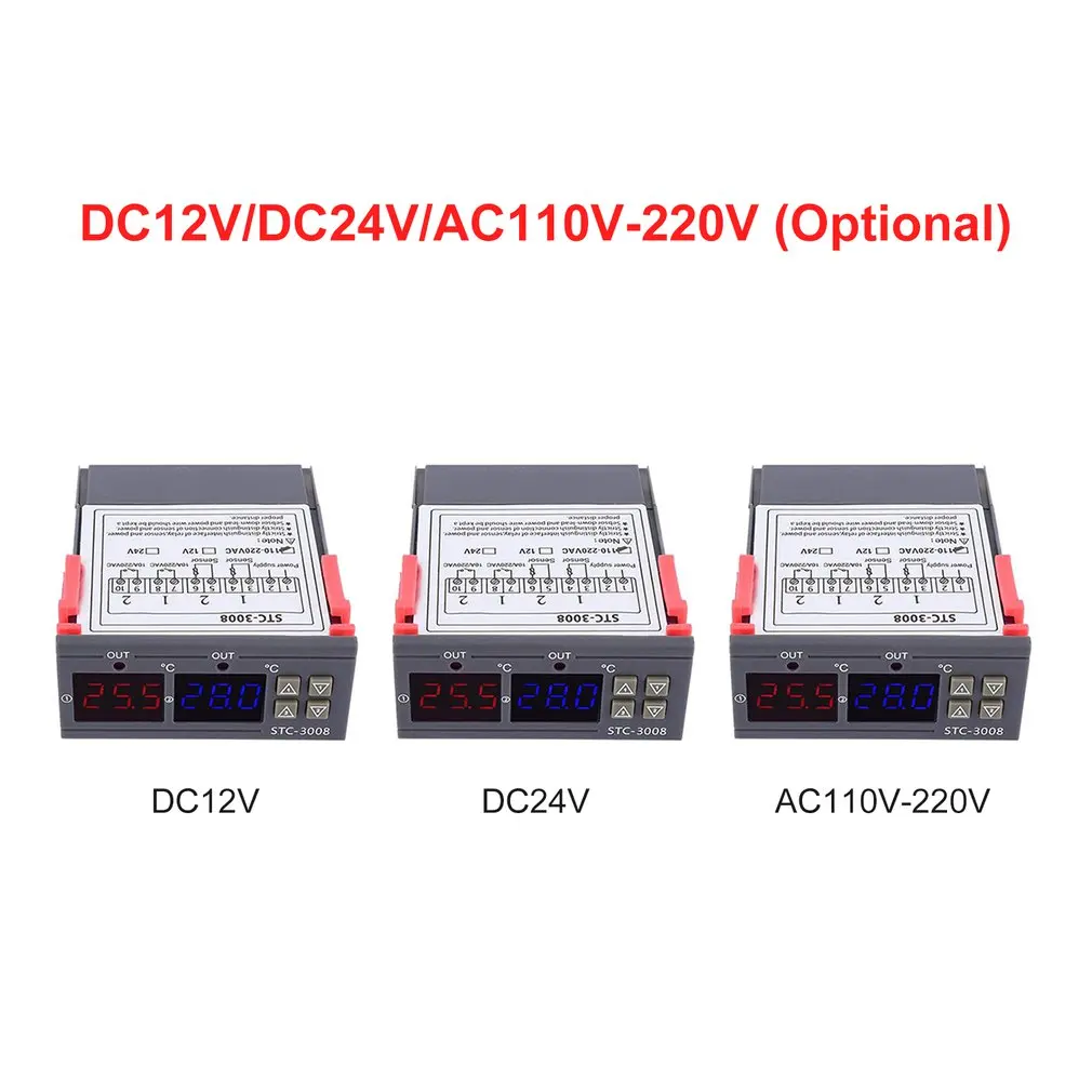 12/24/110-220V STC-3008 Температура контроллер Термостат Термометр регулятор с светодиодный двойной Дисплей STC-3008