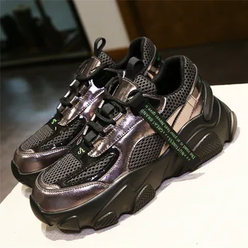 

Leather Black Platform Women's Shoes Autumn Sports Fashion Comfortable Breathable Mesh Lace Color Matching Casual Shoes