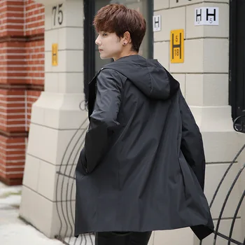 

Jacket Men's Spring and Autumn New Style Casual Trench Coat Mid-length Hooded Large Size Coat Handsome Slim Fit Greenish Blue