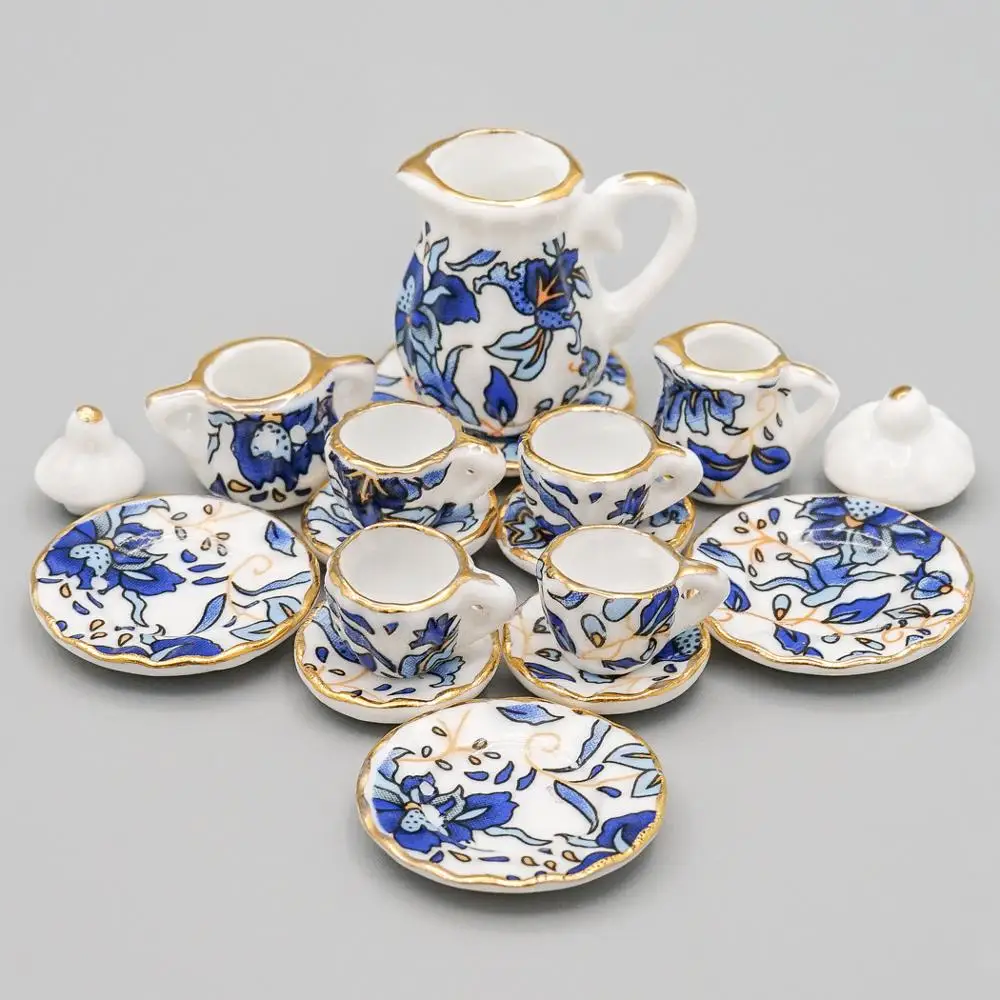 7 Pcs Blue White Tea Set Dollhouse Miniatures Ceramic Kitchenware Large