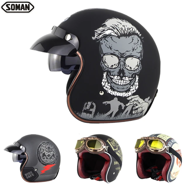 US $47.99 Soman Scooter Helmet 3/4 Open Face Motorcycle Chopper Helmet Retro Goggle Capacetes Vintage Casco M