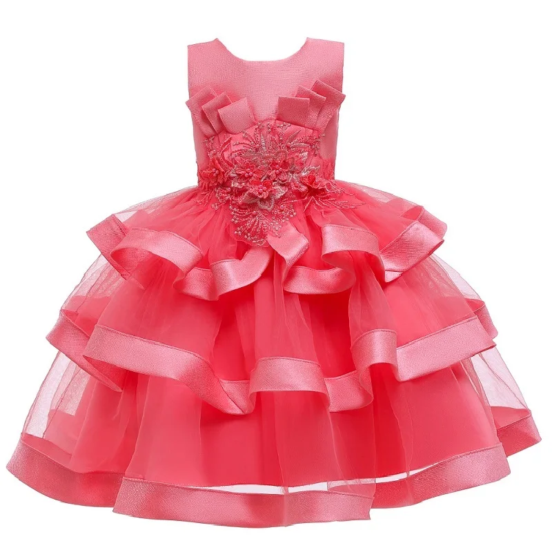 Элегантное нарядное платье с жемчужинами; платье принцессы для свадебной вечеринки для девочек; платье с цветочным узором для девочек; детская одежда; платье для церемоний - Цвет: watermelon red