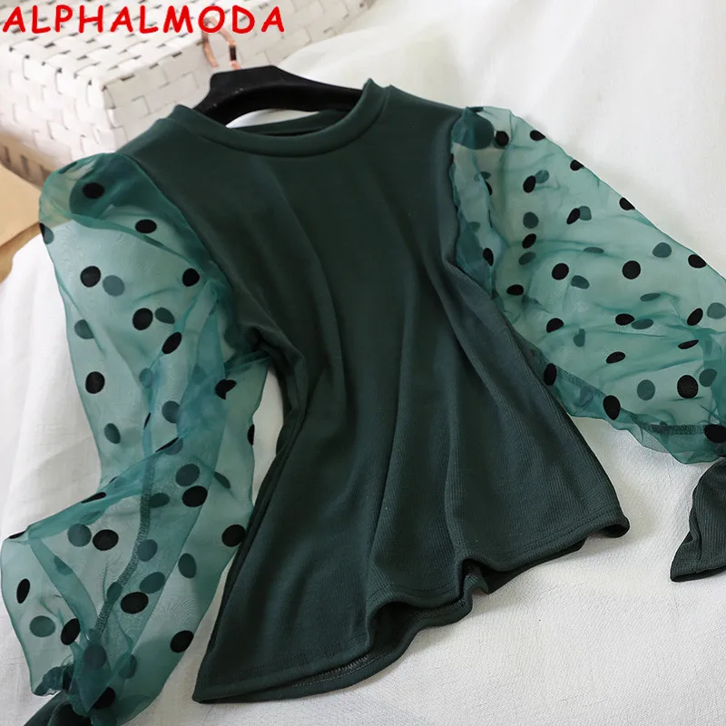 ALPHALMODA 2019 пуловер в горошек с пышными рукавами женская модная футболка
