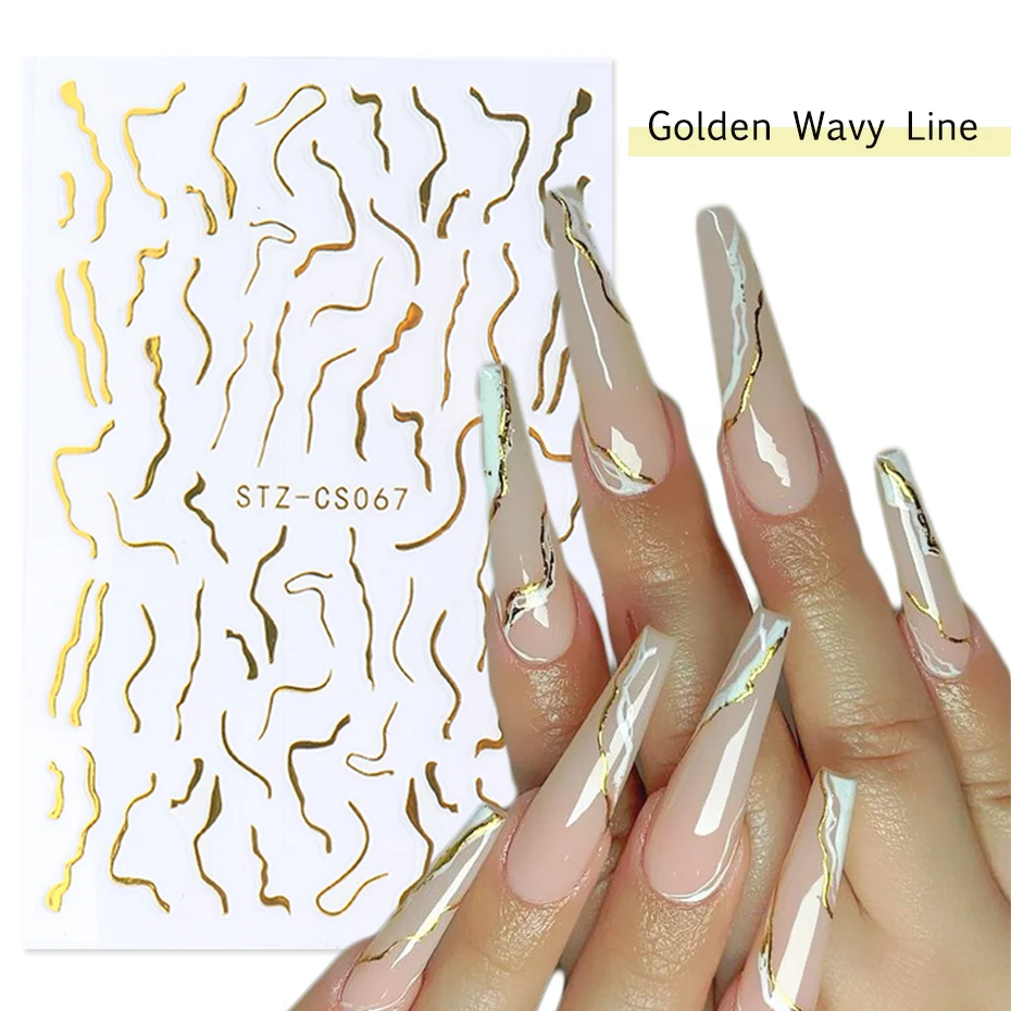 3D Metallic Golden Wavy Line Nail Sticker Marble Rainbow Swirl Stripe Tape Winter French Graphic Slider Decor Foils NLSTZ-CS067