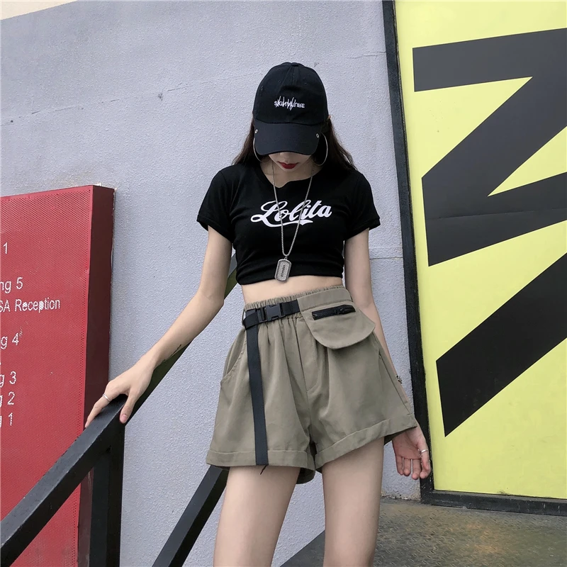 Высокая талия панк хип хоп корейский уличная Harajuku спортивный костюм карго Пряжка ремень мини сумка карман сексуальная широкая короткая женская летняя девушка