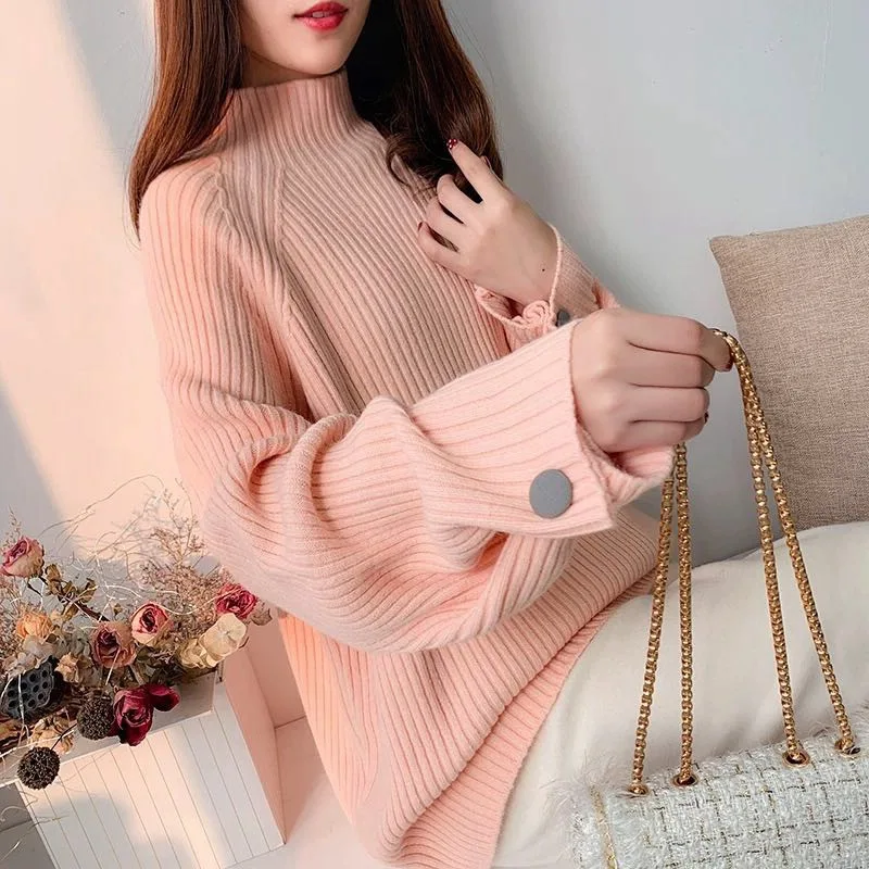 

Pullover Sweater Women's Buttons a Button Solid Color Base Shirt 2019 Autumn And Winter New Style Korean-style Half-Turtle-Neck