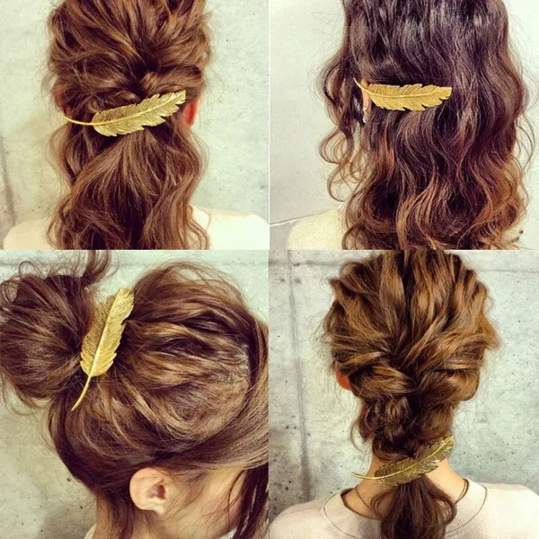 Модные серебряные золотые заколки для волос с листьями и перьями для женщин и девушек, металлические заколки для волос, инструменты для укладки волос