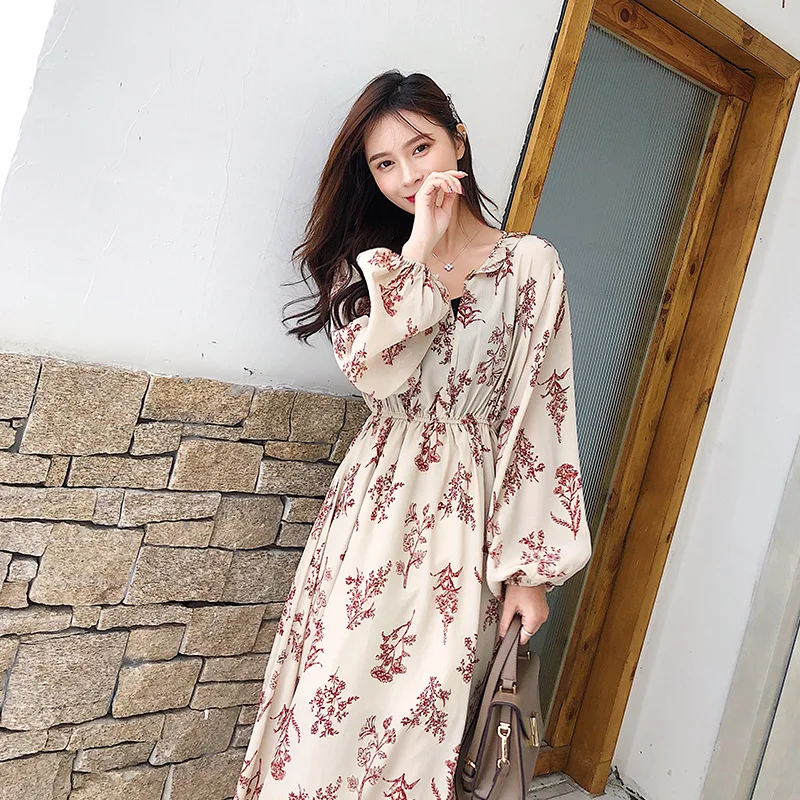 

Floral-Print Long-sleeved Dress Women's Gentle Slimming CHIC Chiffon Maxi Dress 2019 Early Spring New Style