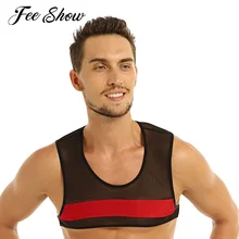 FEESHOW мужские без рукавов, прозрачный сетчатый топ с открытыми плечами, жилет, Клубная одежда, сценический костюм, топы для сцены