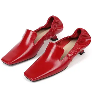 

2020 Spring new women's genuine leather pumps kitten heel square toe OL style elegant ladies elastic slip-on evening dress shoes