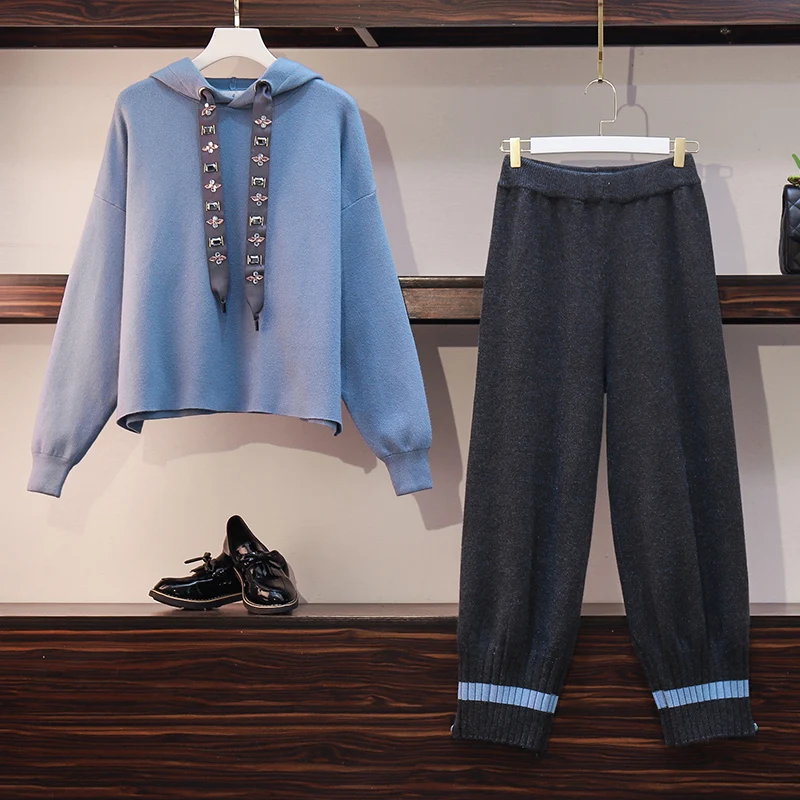 

Autumn Winter 2 Piece Set Women Fashion Hooded Knit Sweater Pullovers + High Waist Wide Leg Pants Casual Female Loose Tracksuit