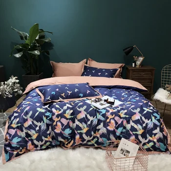 

Hummingbird reactive printing duvet cover Egyptian cotton bedding set bedlinen sheets Satin bed set blue bird cartoon bedspreads