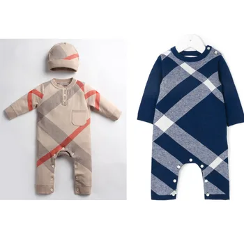 

Spring and autumn2020one piece children's suit knitting clothes plaid sweater hat two piece detachable 0-2-year-old baby clothes