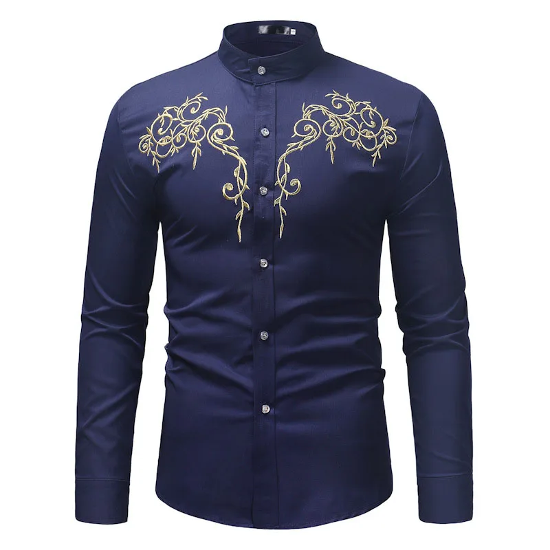 Blue Модное платье с вышивкой, рубашка, стоячий ремень, воротник для мужчин, s, ретро, приталенный, на элегантных кнопках, деловой топ с длинными рукавами для мужчин - Цвет: Blue